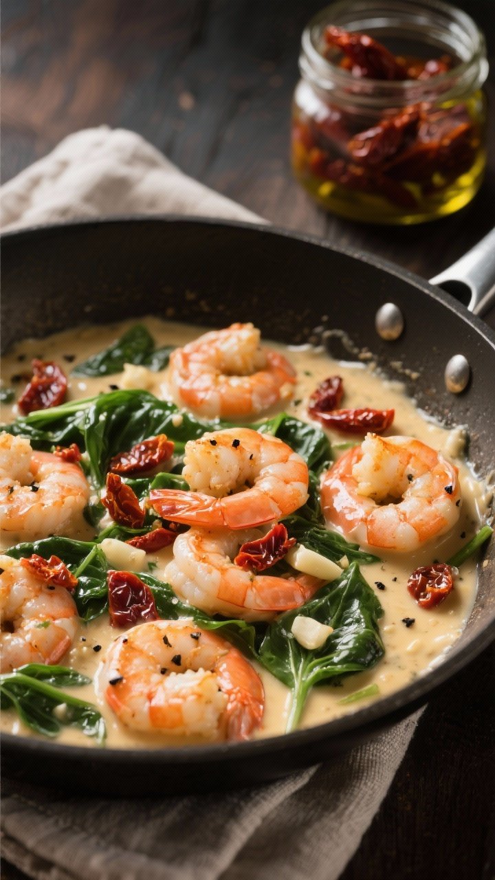 45-degree angle close-up of creamy Tuscan shrimp in a shallow sauté pan: medium shrimp nestled in a luscious cream sauce with chopped sun-dried tomatoes, wilted baby spinach, and minced garlic; glossy butter sheen, flecks of black pepper; rustic Italian vibe with a linen napkin and a jar of oil-packed sun-dried tomatoes in the background, warm moody lighting highlighting the sauce’s velvety texture.