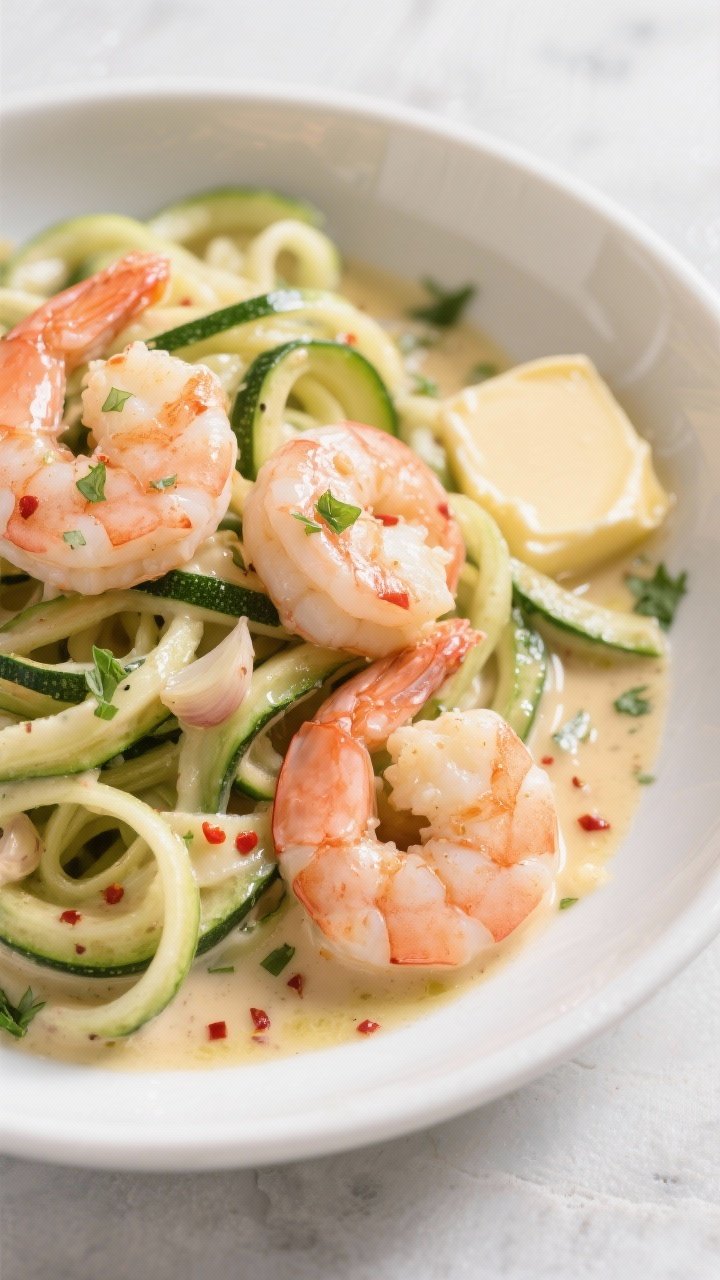 45-degree angle shot of creamy garlic butter shrimp twirled over glossy zucchini noodles, pink large shrimp glistening in a butter-garlic sauce with red pepper flakes, chicken broth and a splash of heavy cream emulsified, olive oil sheen, garnished with minced garlic and parsley; presented in a shallow white bowl with extra zucchini ribbons and a pat of melting butter nearby.