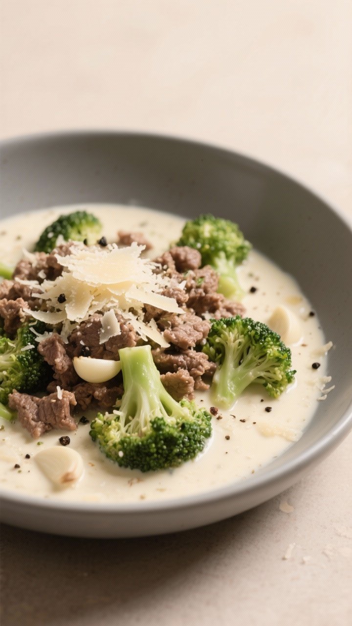 45-degree bowl shot of creamy garlic Parmesan beef and broccoli: tender broccoli florets nestled in a velvety ivory sauce of heavy cream and grated Parmesan, studded with juicy ground beef crumbles; flecks of Italian seasoning, cracked black pepper, and minced garlic visible; served in a shallow gray bowl, extra shaved Parmesan on top, warm neutral backdrop for cozy comfort-food vibes.