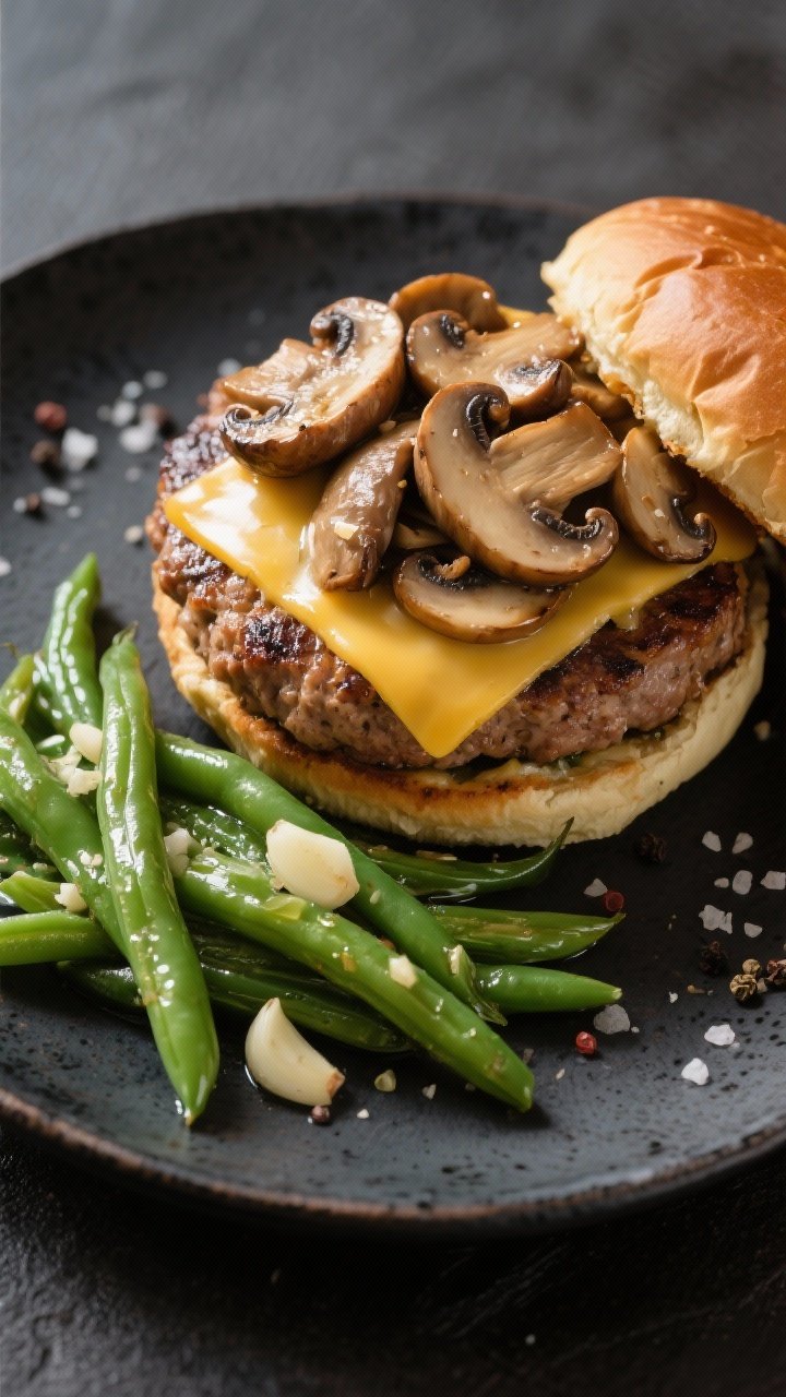 45-degree burger plate: mushroom-Swiss turkey burgers with melted Swiss draped over seared patties, sautéed sliced mushrooms piled on top, accompanied by garlicky green beans with a light olive oil sheen and visible minced garlic; served on a dark ceramic plate, a sprinkle of salt and pepper to finish.