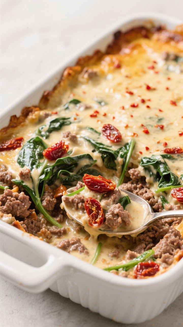 45-degree casserole shot of creamy sun-dried tomato beef and spinach bake: bubbling edges of a cream-and-Italian-seasoning sauce enveloping ground beef, ribbons of baby spinach just wilted, and chopped sun-dried tomatoes lending ruby pops; light golden top with red pepper flake specks; served in a white baking dish with a spoonful plated to show creamy interior.