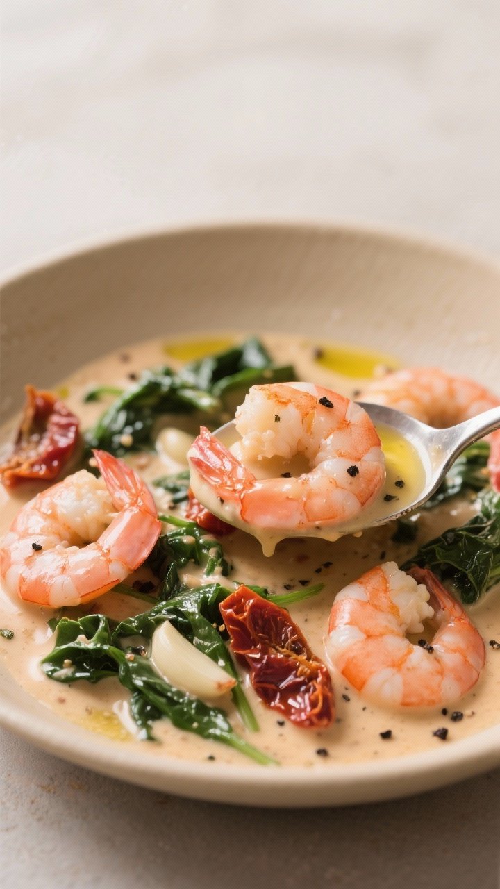 45-degree close-up of creamy Tuscan shrimp: pink shrimp in a rich cream sauce dotted with wilted spinach and sun-dried tomato pieces, garlic and black pepper flecks visible; olive oil (including sun-dried tomato oil) gives a glossy finish; served in a shallow beige bowl with a spoon lifting a shrimp to showcase sauce thickness and silky sheen.