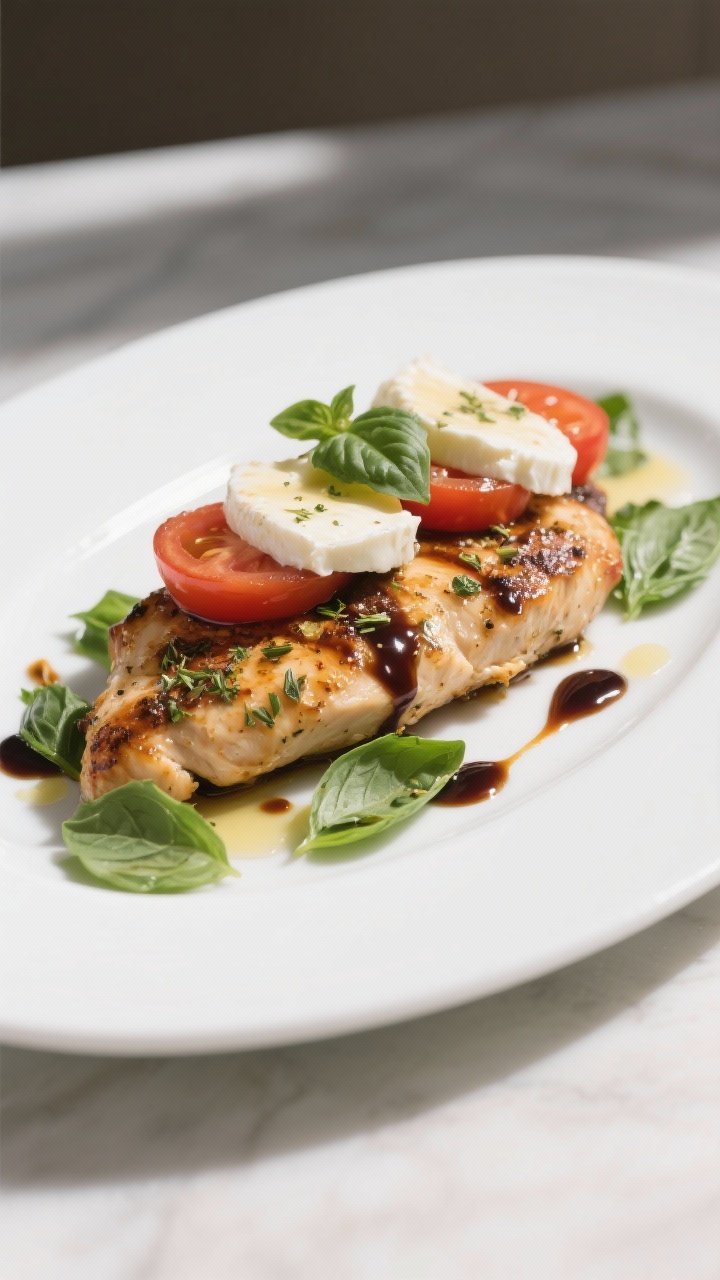 45-degree plated balsamic caprese chicken: juicy chicken breasts seasoned with Italian herbs, topped with melted fresh mozzarella and roma tomato slices, drizzled with a thick balsamic reduction and basil oil; torn basil leaves scattered; served on a large white plate, clean light and gentle vignette to enhance melting cheese and glaze shine.