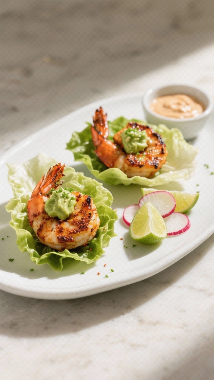 45-degree plated presentation of chipotle-lime shrimp lettuce wraps: charred, chipotle chili powder–coated shrimp with cumin and garlic powder tucked into crisp butter lettuce cups, topped with silky avocado crema and lime zest; thinly sliced radishes and extra lime wedges on the side; light, breezy styling with a white ceramic platter and a small bowl of crema, soft natural light.