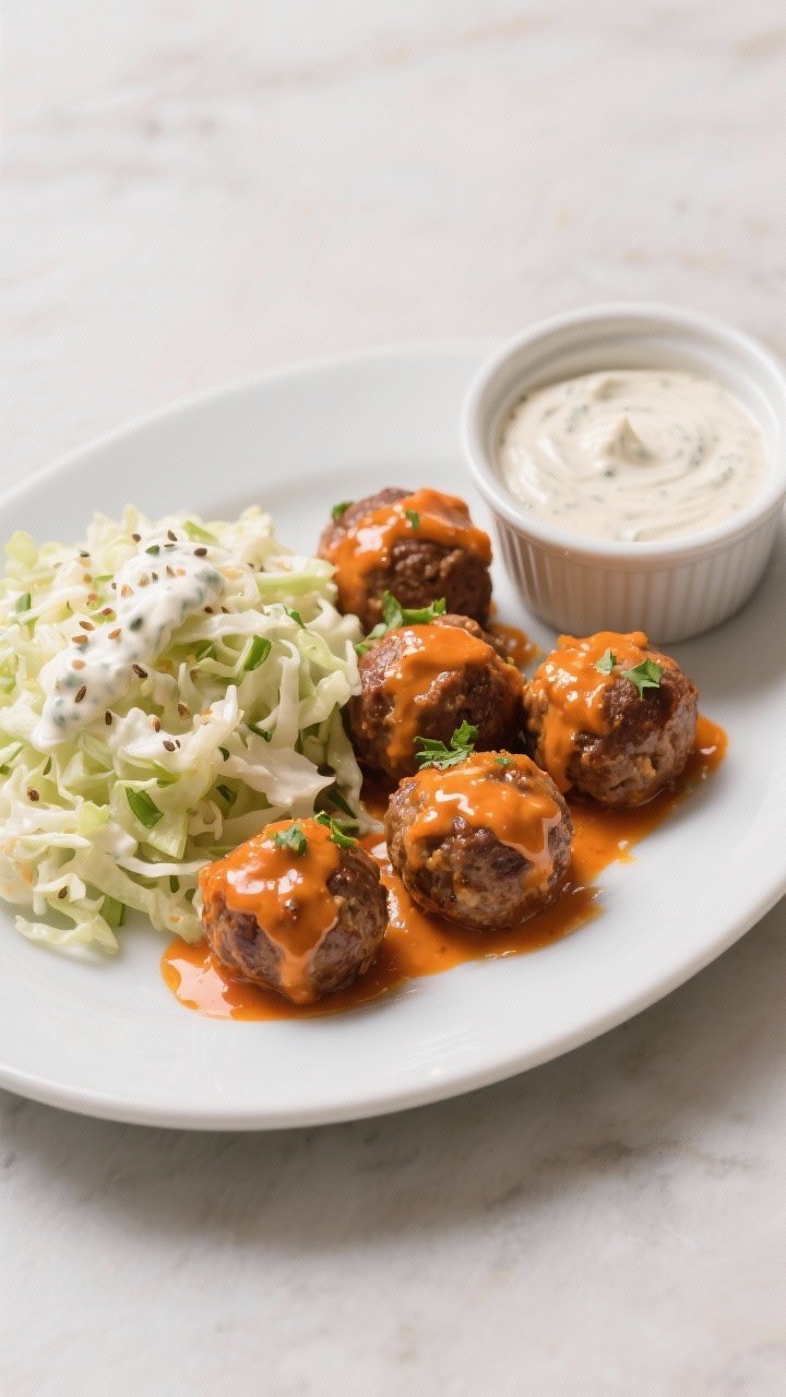 45-degree platter shot of Buffalo beef meatballs with ranch slaw: glossy meatballs (almond flour, egg, garlic and onion powder, parsley) tossed in buttery Buffalo sauce, arranged beside a mound of creamy ranch-dressed cabbage slaw; bright orange glaze contrasts with crisp pale slaw, celery seed flecks; ramekin of extra ranch and a drizzle of sauce on the platter.