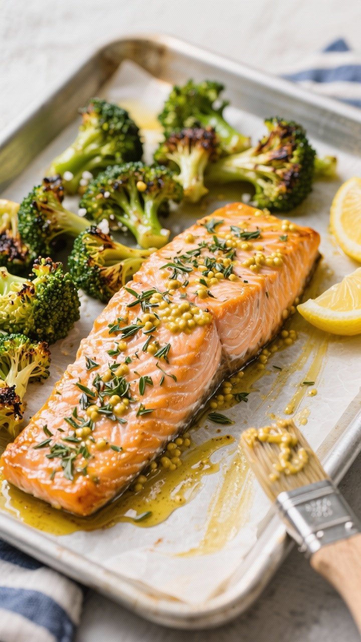 45-degree sheet pan Greek-style: Dijon-herb salmon fillets with a mustard glaze and dried Italian herbs, charred-edged roasted broccoli florets tossed in olive oil, salt, and pepper; lemon wedges on the side, the salmon’s surface lightly caramelized; shot on a parchment-lined tray with a brush streaked with Dijon nearby.