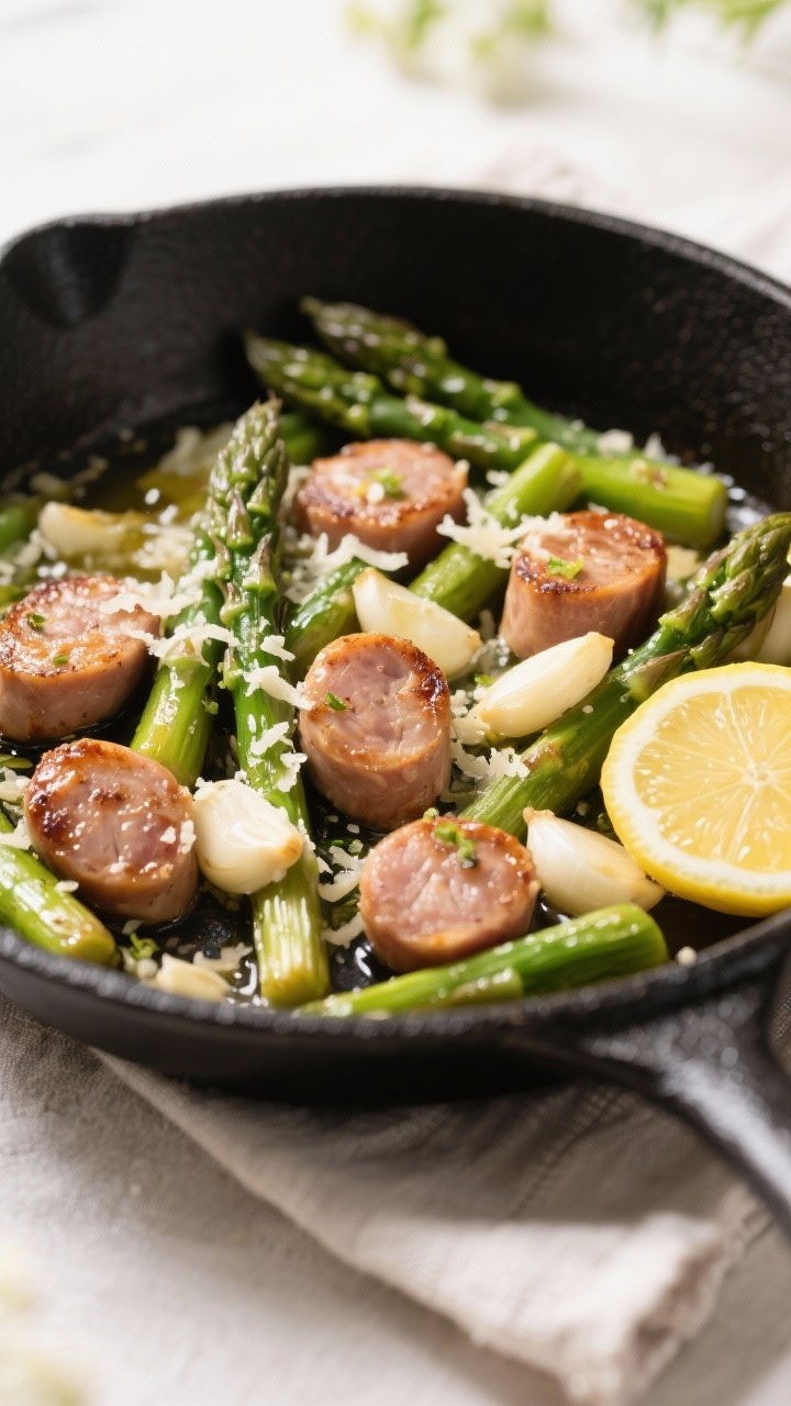 45-degree skillet of lemon-Parmesan asparagus and chicken sausage: coin-sliced chicken sausage seared with crisp-tender asparagus pieces, garlic, and a bright lemon zest-and-juice finish; grated Parmesan showered over; glossy olive oil glints; presented in a black skillet on a light linen, airy spring lighting.