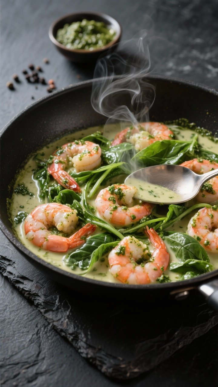 45-degree skillet scene of creamy pesto shrimp: plump pink shrimp coated in a silky basil pesto and heavy cream sauce, wilted baby spinach ribbons peeking through, glossy olive oil sheen, micro steam rising, a spoon creating a swoosh in the sauce; set on a dark stone surface with a small dish of pesto and cracked black pepper nearby.