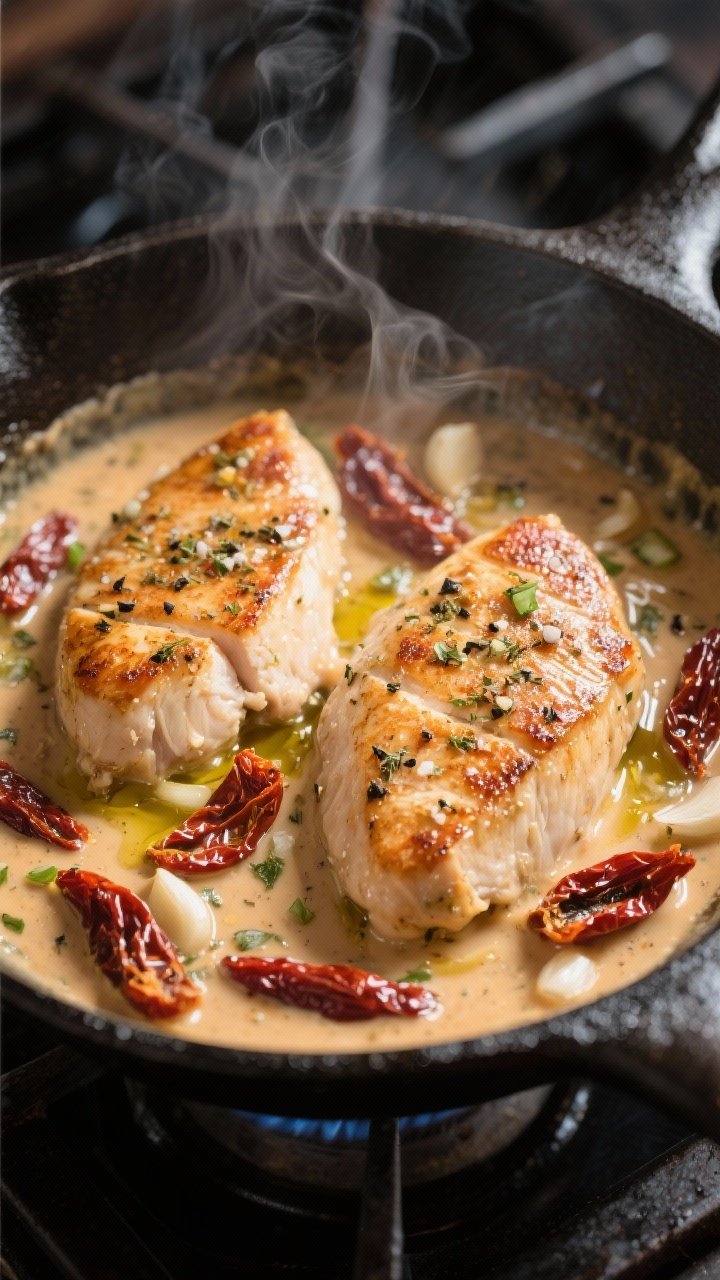 A close-up skillet scene of creamy sun-dried tomato chicken cutlets simmering in a luscious sauce. Visible halved chicken breasts seared in olive oil, speckled with Italian seasoning, kosher salt, and black pepper; minced garlic and strips of oil-packed sun-dried tomatoes swirling in the cream. Cast-iron skillet on a stovetop, steam rising, glossy sauce clinging to the chicken.