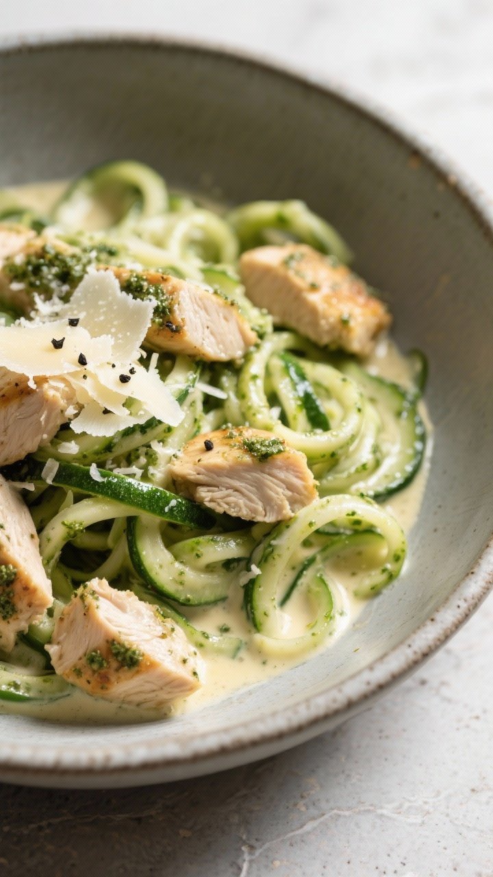 A cozy bowl shot from a 45-degree angle: creamy pesto chicken zoodle bowls. Bite-size chicken pieces seared in olive oil, folded into a silky sauce of butter and heavy cream swirled with bright green pesto, tossed with spiralized zucchini. Parmesan shavings on top, freshly cracked black pepper, gloss on the zoodles, served in a matte stoneware bowl.