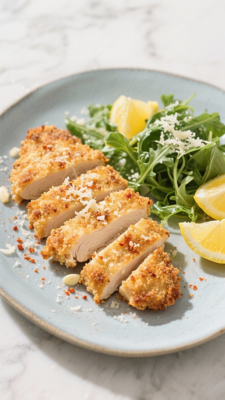A plated 45-degree shot of crispy Parmesan-crusted chicken cutlets sliced to show juicy interior, topped with a bright lemon-arugula salad. Visible finely grated powdery Parmesan crust flecked with paprika and garlic powder, seasoned with kosher salt; arugula lightly dressed with lemon, scattered lemon wedges on the side. Shot on a cool-toned ceramic plate over a light marble surface, natural side light emphasizing crunchy texture.