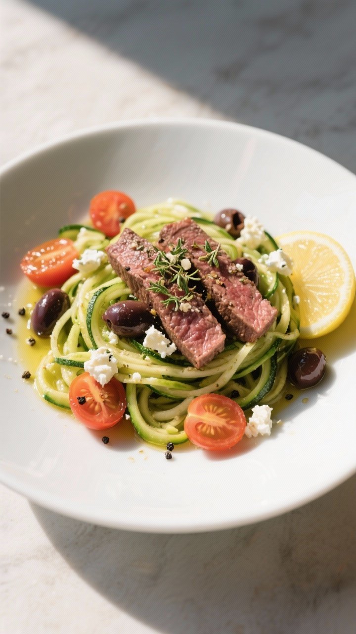 Bright Mediterranean zoodle toss, 45-degree plating: tender slices of sirloin seasoned with oregano and garlic powder atop a nest of zucchini noodles; dotted with halved cherry tomatoes, crumbled feta, and briny Kalamata olives, glossed with olive oil. Sprinkles of black pepper and sea salt, lemon wedge on the side, airy daylight and white ceramic bowl.