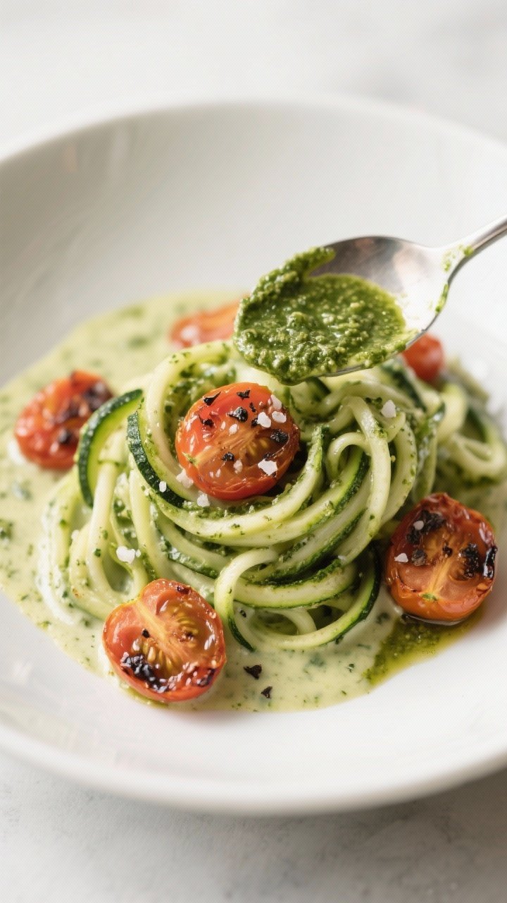 Close-up, 45-degree creamy pesto zoodles twirled into a nest, silky heavy-cream-and-pesto sauce clinging to spiralized zucchini, roasted cherry tomatoes burst and blistered, juices pooling; a light sprinkle of kosher salt and cracked black pepper; served in a shallow white bowl with a spoon trailing a ribbon of green sauce for luscious texture.