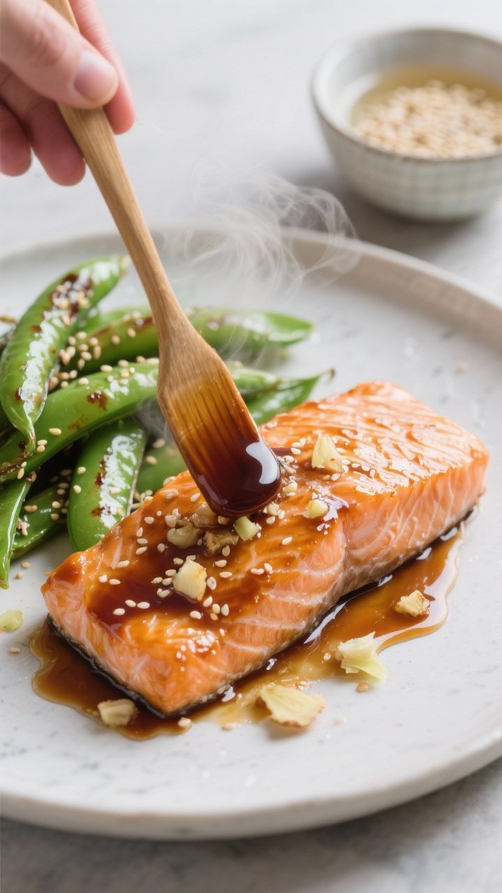 Close-up action shot of soy-ginger salmon fillets being brushed with a glossy tamari marinade: lacquered salmon with sesame oil shine, speckles of fresh grated ginger and minced garlic, a touch of honey glinting under light; side of vibrant sesame snap peas with a slight blister, steam rising; shot straight-on to emphasize flaky texture and glaze, with a small bowl of rice vinegar and sesame seeds in background; clean, modern Asian-inspired styling.