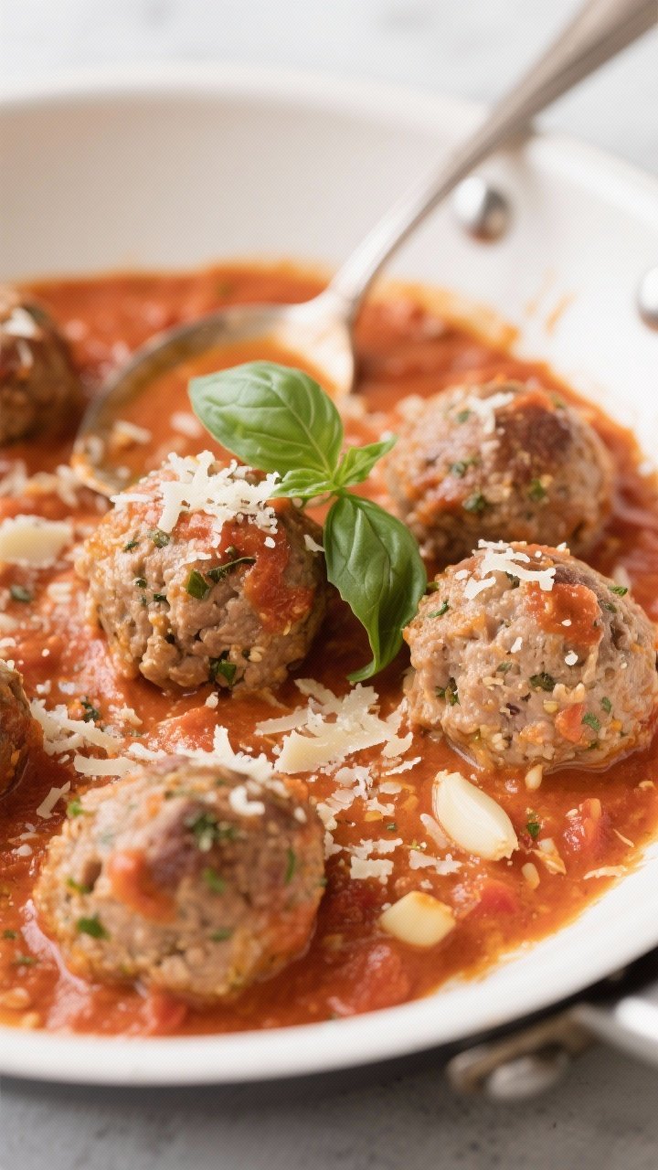 Close-up of turkey meatballs nestled in a creamy tomato basil sauce, speckled with grated Parmesan; meatballs show a tender interior with almond flour binding, Italian seasoning and minced garlic visible; sauce clings luxuriously, basil ribbons on top, served in a white sauté pan with a spoon trailing sauce for richness.