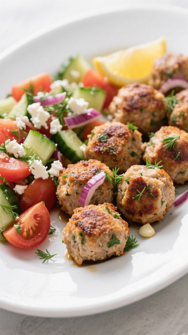 Close-up platter of crispy Greek chicken meatballs with cucumber-tomato salad: browned, herb-flecked chicken meatballs (red onion, parsley, dill, oregano, garlic) arranged beside a bright salad of chopped cucumber and tomato with a lemony sheen; crumbled feta and extra dill sprinkled; served on a matte white oval platter, cool daylight, crisp textures.