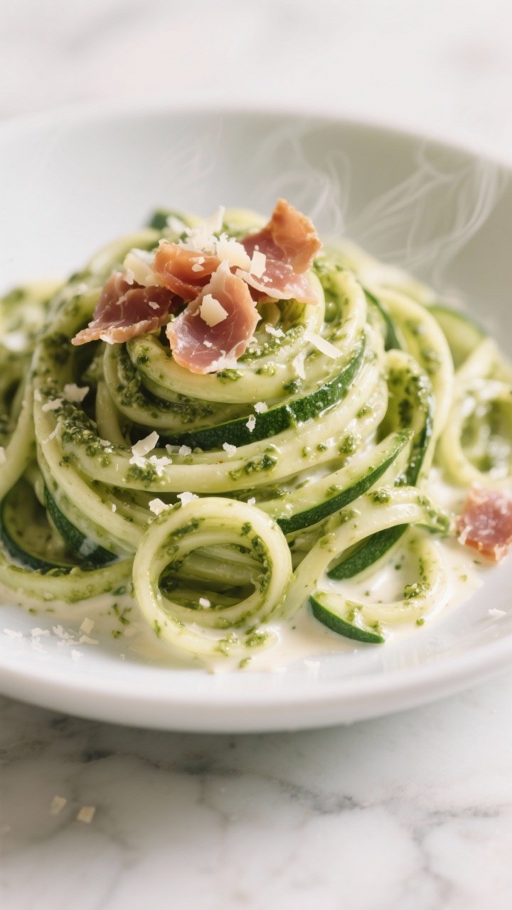 Close-up twirl of creamy pesto zucchini noodles: spiralized zucchini coated in basil pesto, heavy cream, and grated Parmesan, with shattery crisp prosciutto shards on top; minced garlic flecks visible; steamy, glossy sauce clinging to strands; set in a shallow white bowl on a marble surface, selective focus highlighting textures and sheen.