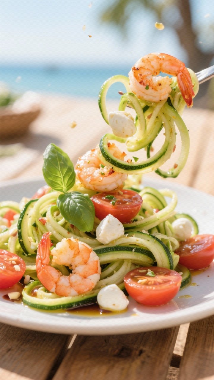 Fresh, summery 45-degree toss shot of caprese shrimp zoodles: spiralized zucchini twirled with sautéed shrimp, halved cherry tomatoes, and fresh mozzarella pearls; glossy olive oil sheen, minced garlic specks; basil leaves and a light balsamic drizzle optional in background props; airy vacation vibe on a sunlit wooden table, strands of zoodles curling invitingly.
