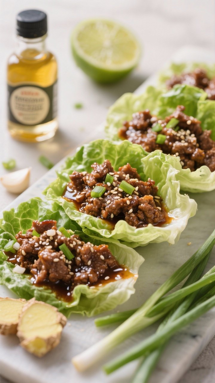 Ingredient-forward 45-degree lettuce wrap spread: ground beef glazed with a shiny sesame-ginger sauce (soy or coconut aminos, rice vinegar, sugar-free sweetener), aromatics of minced garlic and fresh grated ginger visible; crisp butter lettuce cups stacked, toasted sesame oil bottle, lime wedge and scallions for garnish; glossy, savory mood.