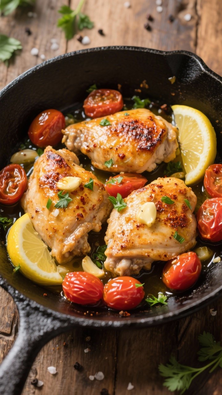 Overhead action shot of a zesty lemon-garlic chicken skillet: golden-browned boneless chicken thighs nestled among burst cherry tomatoes, glistening in olive oil, butter, and minced garlic, with visible specks of smoked paprika, kosher salt, and black pepper; lemon wedges and chopped parsley scattered; served in a black cast-iron skillet on a rustic wood surface, bright, punchy lighting emphasizing glossy pan juices.