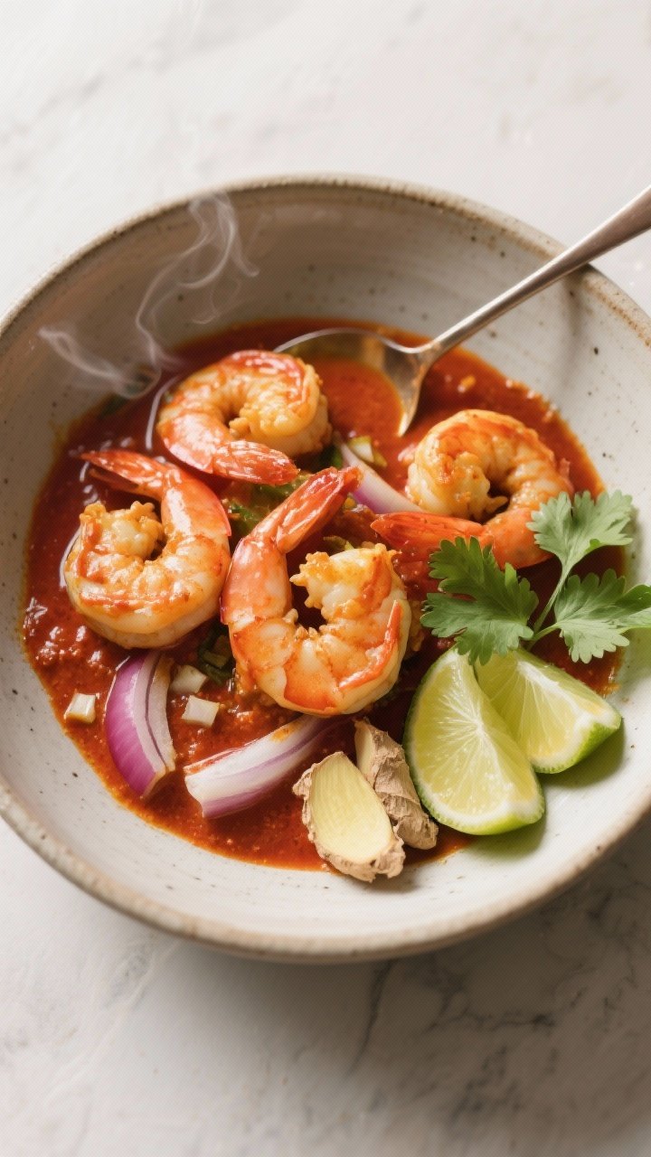 Overhead bowl shot of coconut-lime shrimp curry: shrimp bathed in a silky, slightly thick red curry paste sauce enriched with coconut oil, with thinly sliced onion, minced garlic and fresh ginger; lime wedges and cilantro on the side, red-gold hue of curry glowing; served in a shallow ceramic bowl, spoon trails showing creaminess; subtle steam, tropical comfort mood.