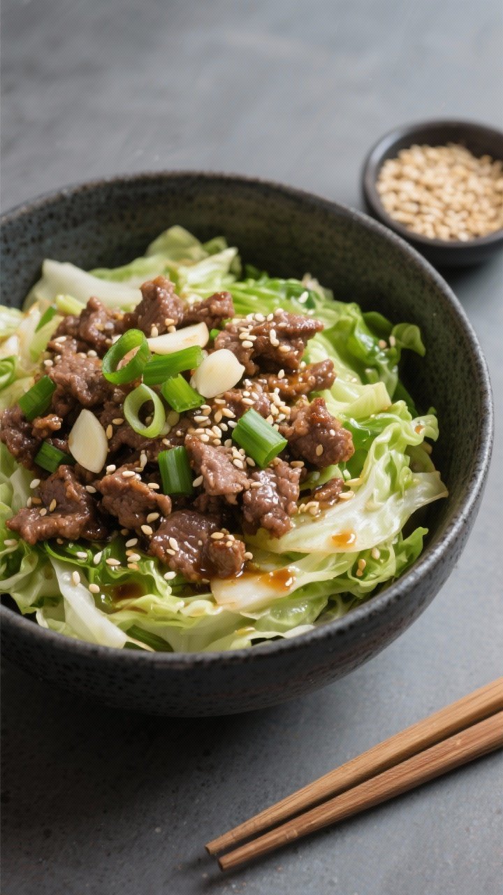 Overhead bowl shot of Korean-inspired beef bowls over sesame cabbage: a base of glossy sautéed shredded green cabbage tossed with sesame oil and seeds, topped with sweet-savory ground beef scented with garlic and fresh grated ginger; thinly sliced green onions scattered, a small dish of extra sesame seeds on the side; minimalist modern styling with chopsticks and dark ceramic.