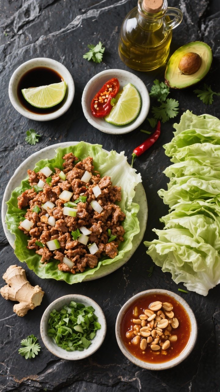 Overhead ingredient-prep flat lay for zesty turkey lettuce wraps: browned crumbled ground turkey studded with finely diced onion, garlic, and grated fresh ginger; small bowls of soy/tamari, lime wedges, chili-garlic sauce, and a glossy crunchy peanut-lime sauce; crisp lettuce cups stacked to the side; avocado oil bottle and chopped cilantro scattered; arranged on a dark stone surface for contrast.