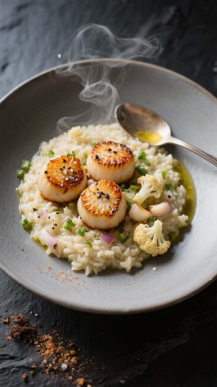 Overhead modern plating of smoky cauliflower “risotto” spooned into a shallow bowl, creamy and speckled with minced shallot and garlic; three seared scallops on top with deep golden crusts, seasoned with kosher salt and black pepper; a drizzle of ghee and olive oil around; wisps of steam and a dusting of smoked salt for mood on a dark slate backdrop.