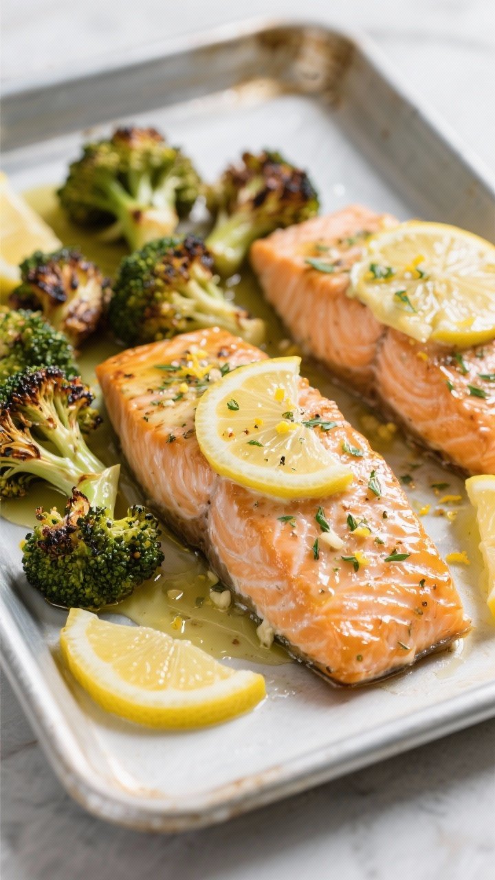 Overhead plated dinner: lemon herb baked salmon fillets with a glossy Dijon-garlic-lemon butter on top, flecks of Italian seasoning and lemon zest; roasted broccoli florets charred at the edges, a drizzle of olive oil, lemon wedges tucked in; set on a sheet pan for a simple weeknight look, crisp textures and bright citrus highlights.