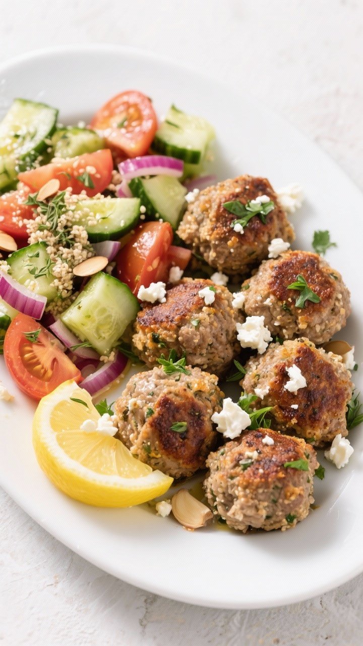 Overhead platter of Greek-style feta meatballs, browned and studded with crumbled feta, parsley, oregano, and garlic, nestled beside a vibrant cucumber-tomato salad with red onion and olive oil; almond flour crumb texture visible on the meatballs; lemon wedges and a sprinkle of dried oregano over the salad; served on a white oval platter for bright Mediterranean colors.