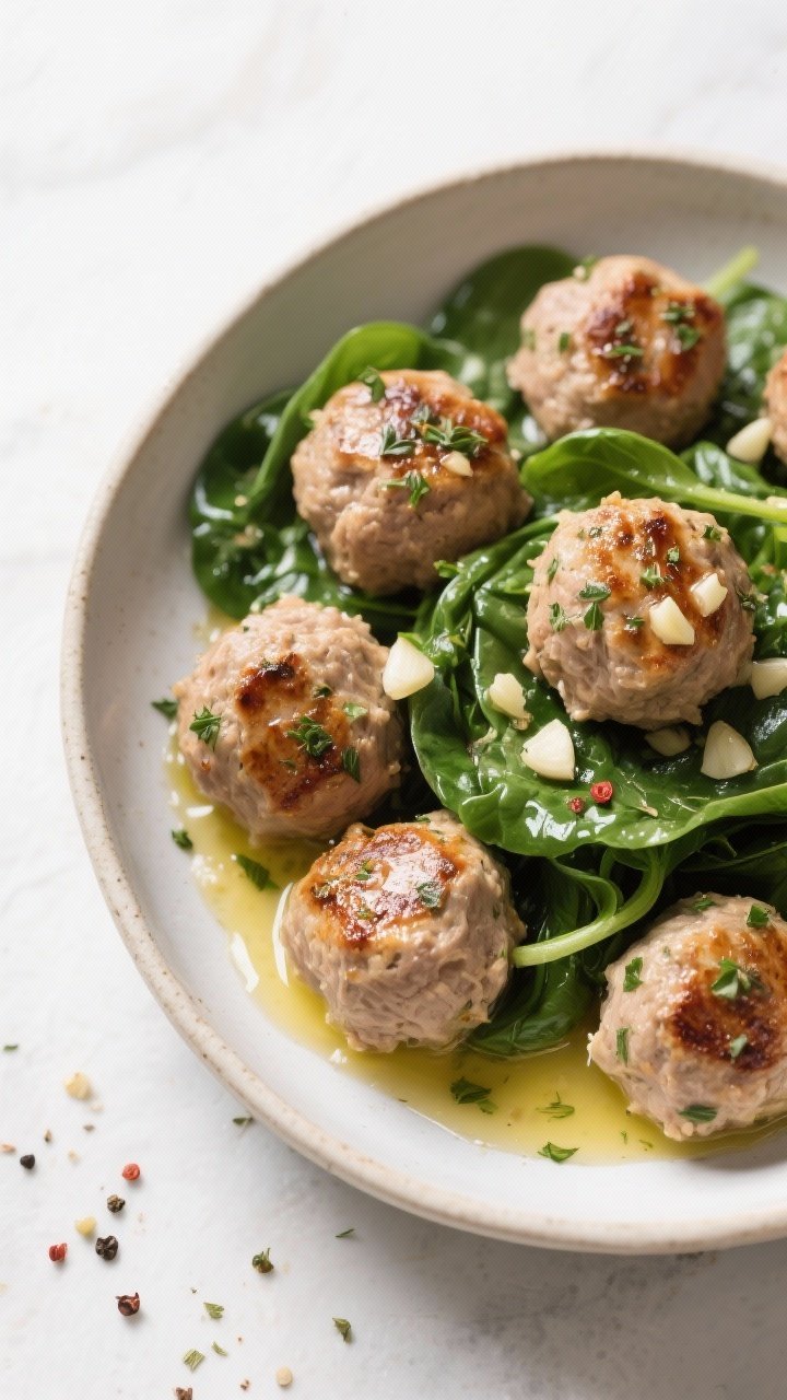 Overhead shallow bowl of herb-garlic butter turkey meatballs: seared turkey meatballs glazed in melted butter with minced garlic, sprinkled with dried Italian herbs, nestled over lightly wilted baby spinach; butter pooling slightly at the bottom, coarse pepper flakes visible for texture.
