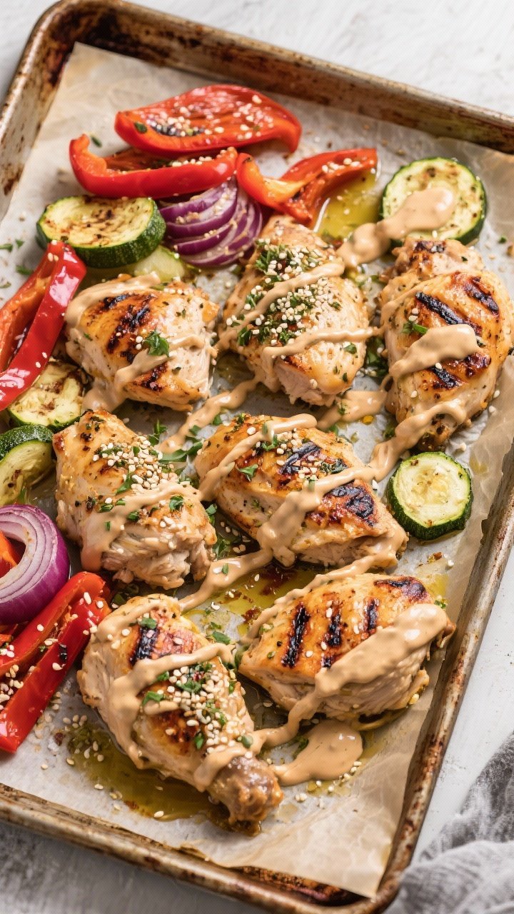 Overhead sheet-pan flat lay of za’atar chicken and charred vegetables. Large chunks of chicken, red bell pepper strips, red onion wedges, and zucchini half-moons tossed with olive oil, za’atar, and kosher salt, caramelized edges and light char marks. Finished with a silky tahini drizzle zig-zagging across, sprinkled sesame and herb flecks, on parchment-lined pan over a rustic baking tray.