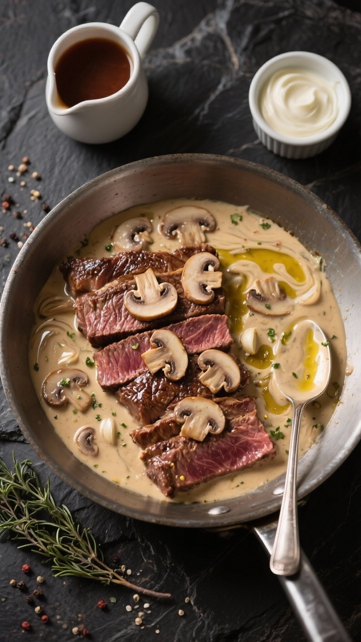 Overhead shot of a creamy mushroom Dijon skillet steak: thin ribeye strips nestled in a glossy mushroom cream sauce with visible cremini slices, flecks of garlic, and swirls of Dijon; a spoon trail reveals the velvety texture. Garnish of cracked pepper and thyme, set in a stainless skillet on a dark stone surface with a small pitcher of beef broth and a ramekin of heavy cream nearby.