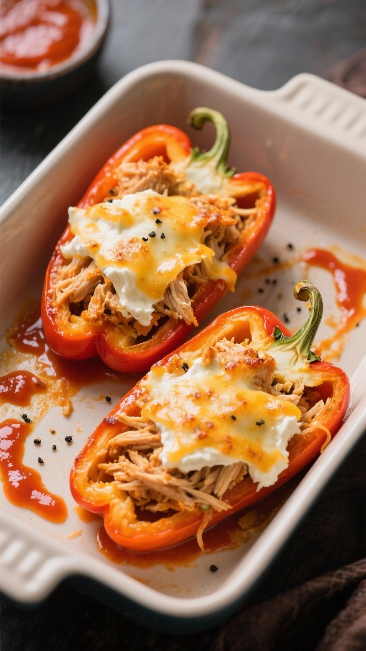 Overhead shot of Buffalo chicken-stuffed peppers in a baking dish: halved bell peppers filled with shredded chicken mixed with Buffalo wing sauce and cream cheese, topped with melted mozzarella with slight browning; visible orange-red sauce gloss, a pinch of black pepper, extra sauce drizzled on the side.