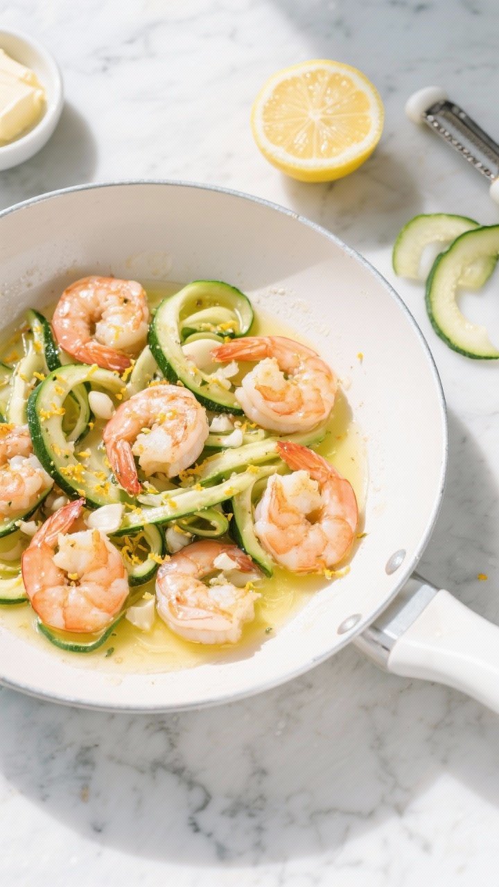 Overhead shot of garlicky lemon butter shrimp tossed with glossy zucchini ribbons in a wide white skillet: pink large shrimp glistening in butter and olive oil, visible minced garlic, lemon zest confetti, and a squeeze of lemon juice pooling lightly; thin green zucchini ribbons curled around the shrimp; a small dish of butter, a halved lemon, and a peeler with zucchini shavings on a cool marble surface; bright, fresh, coastal mood, high contrast, natural window light, no people.