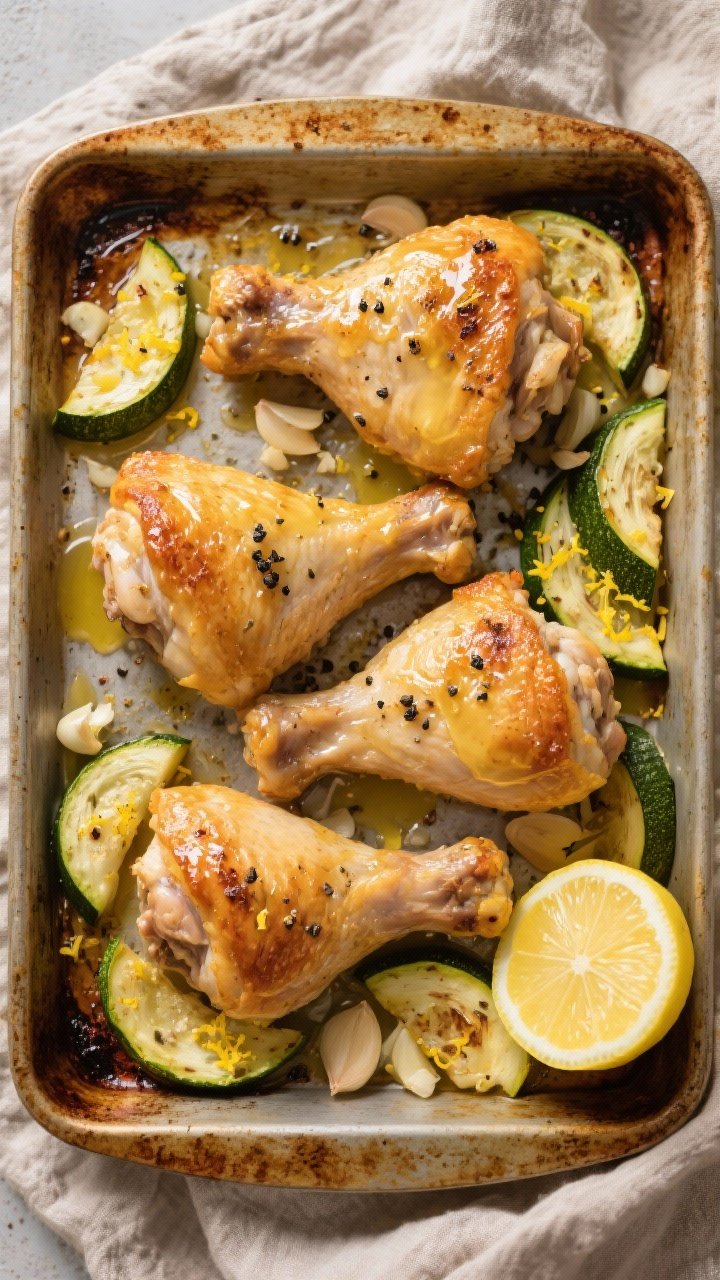 Overhead shot of lemon-garlic butter chicken thighs fresh from the oven on a sheet pan: four bone-in, skin-on thighs with crispy golden skin glistening with melted butter, nestled among roasted zucchini half-moons, lemon zest and juice visibly slicking the surface, sprinkled minced garlic and cracked black pepper, a halved lemon on the side, on a warm-toned baking sheet atop a rustic linen.