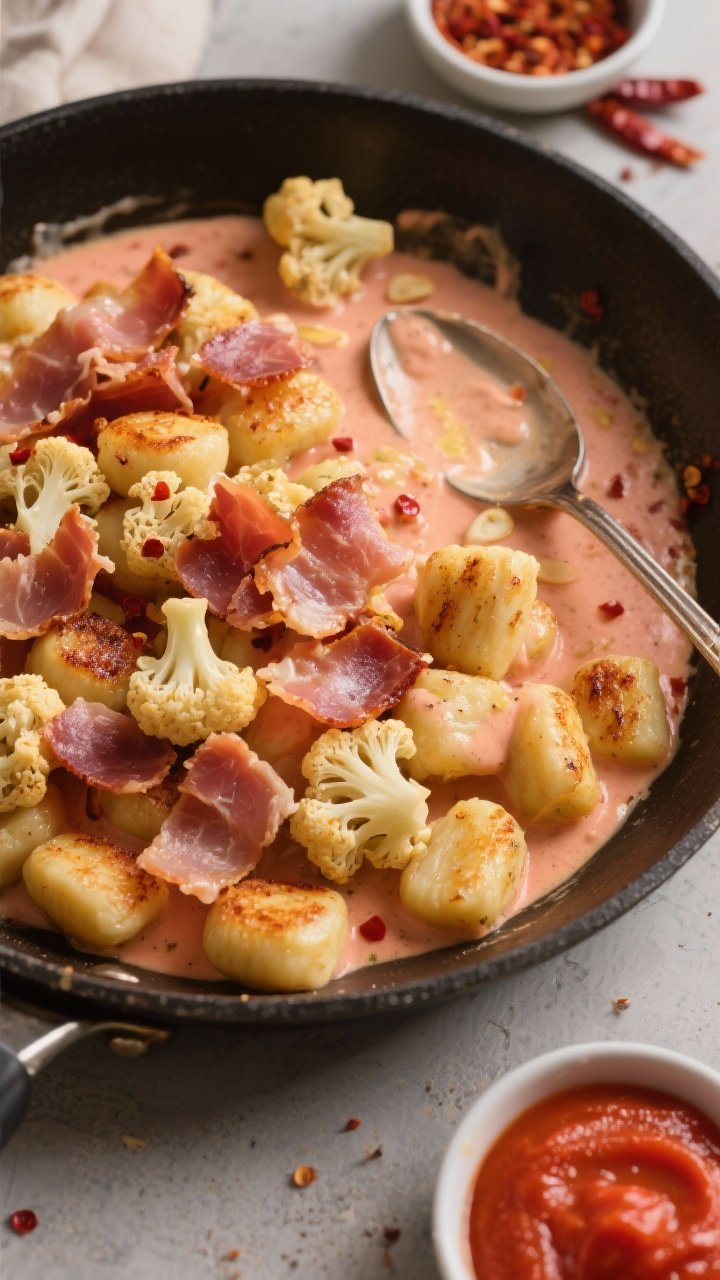 Overhead skillet shot of cauliflower gnocchi “alla vodka” with crispy prosciutto: golden-seared cauliflower gnocchi coated in a blush tomato-vodka-style sauce with butter, garlic, and a hint of red pepper flakes; torn prosciutto shards crisped on top; a spoon trail showing creamy sauce texture; nearby small bowls of tomato puree and chili flakes; warm, inviting tones, soft directional light, high detail on gnocchi edges.