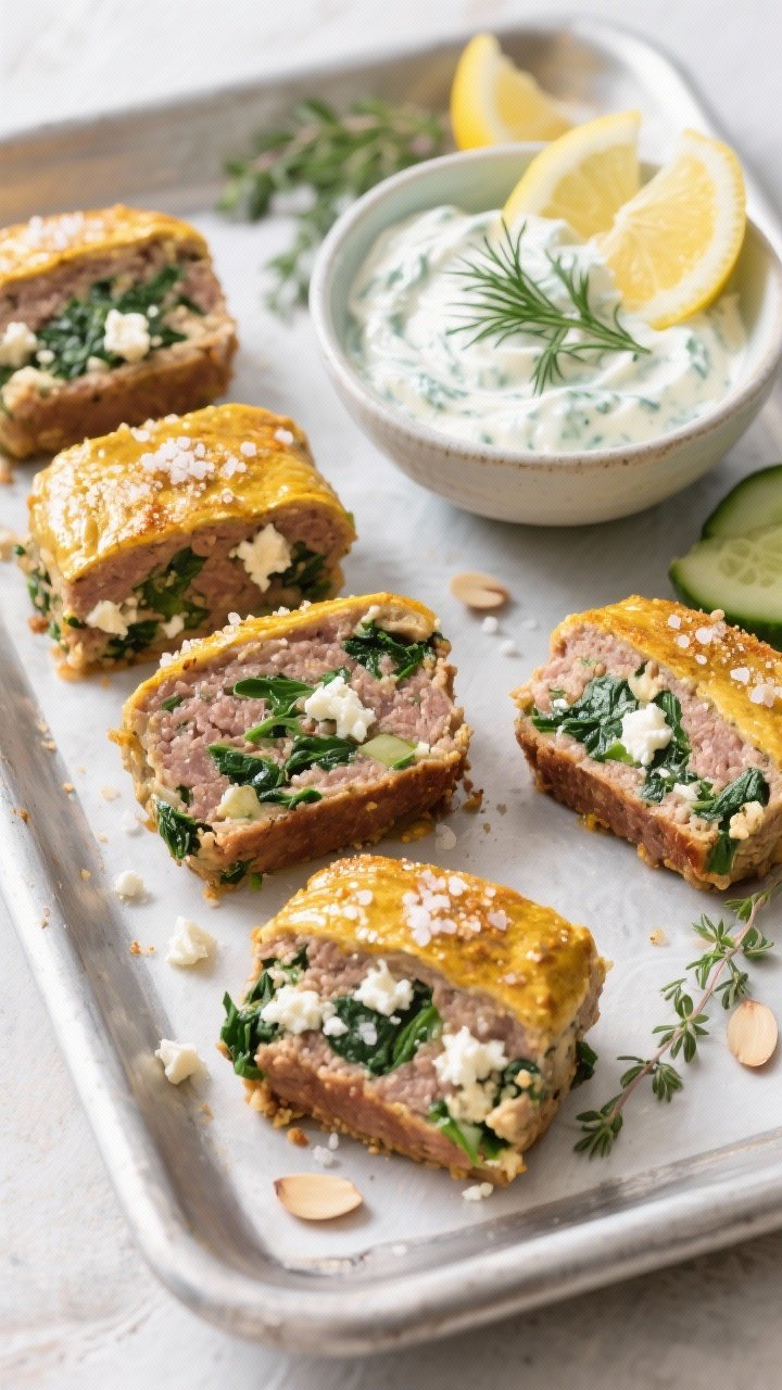 Overhead tray of Greek feta turkey meatloaf minis: individual loaves studded with chopped spinach and crumbled feta, almond flour and egg bound, scented with oregano, garlic and onion powder; golden tops, coarse salt crystals; side bowl of cool tzatziki with dill and cucumber, lemon wedges and oregano sprigs for a fresh Mediterranean finish.