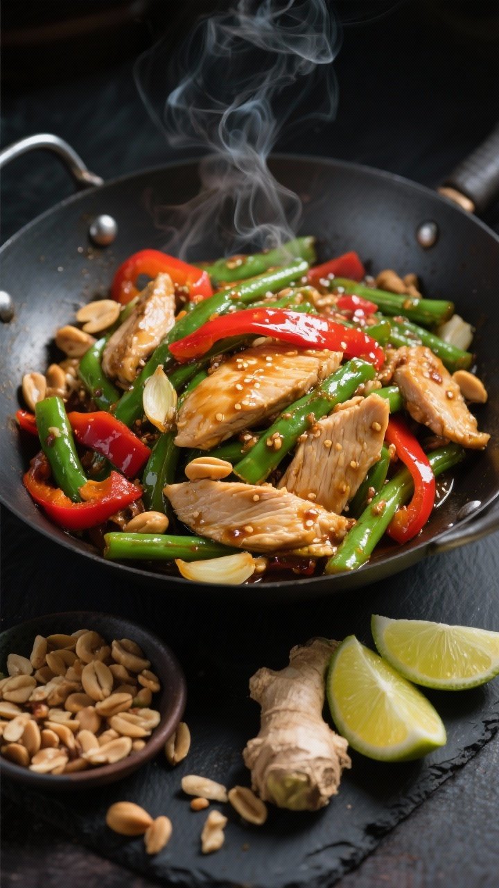 Overhead wok shot of spicy peanut-lime chicken stir-fry: thinly sliced chicken breast tossed with green beans and red bell pepper strips in a glossy natural peanut-lime sauce with garlic and fresh ginger; chopped peanuts and lime wedges on the side; steam rising; high-contrast lighting highlighting vibrant greens and reds against a dark wok.