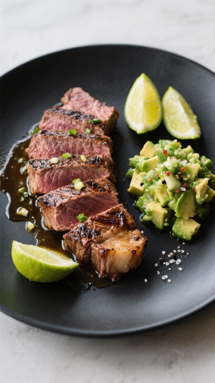 Plated entrée at 45 degrees: garlic-lime skirt steak sliced against the grain, juicy medium with charred edges, drizzled with lime-garlic pan juices; a chunky avocado salsa to the side with diced avocado, a hint of olive oil, salt, and pepper; lime halves in frame, minimal garnish, on a matte dark plate for color pop.