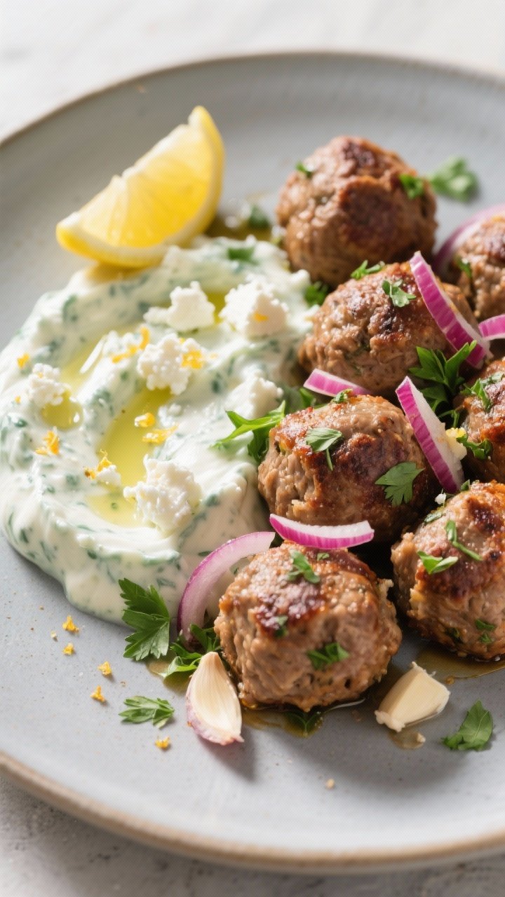 Plated Greek turkey meatballs with feta tzatziki at 45 degrees: browned, juicy turkey meatballs flecked with red onion, parsley, oregano, cumin, and garlic; a swoosh of thick tzatziki with crumbled feta on top, olive oil droplets and lemon zest; scattered fresh parsley and thin red onion slivers; served on a matte ceramic plate with a wedge of lemon; bright Mediterranean colors, crisp daylight, minimal props.