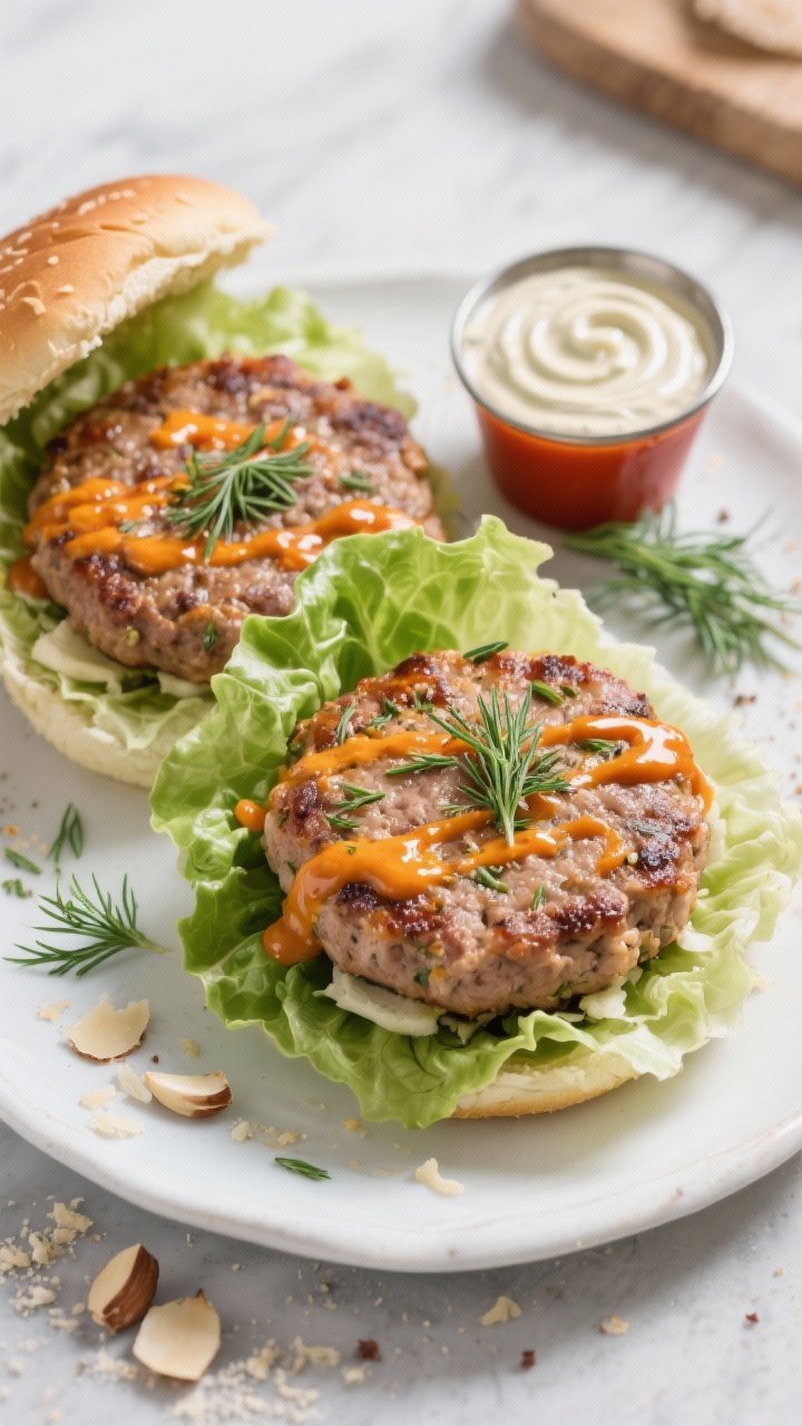Plated lettuce burgers at 45 degrees: juicy turkey patties flecked with dill, garlic and onion powder, bound with egg and Parmesan/almond flour; brushed with buffalo-hot sauce and a touch of melted butter, served in crisp lettuce “buns,” drizzle of ranch swirled over; extra hot sauce cup and dill sprigs on the side.