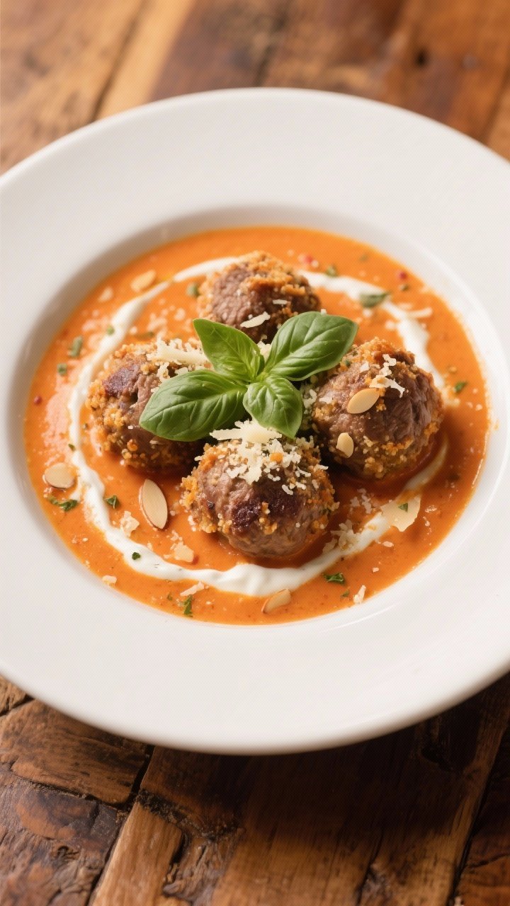 Plated shot, overhead: Parmesan-crusted beef meatballs nestled in a sunset-orange tomato-basil cream sauce, the meatballs visibly flecked with finely grated Parmesan and almond flour crumb, hints of Italian seasoning and onion powder; fresh basil torn over top, a swirl of cream through the sauce, served in a shallow white bowl on a warm rustic wood table.
