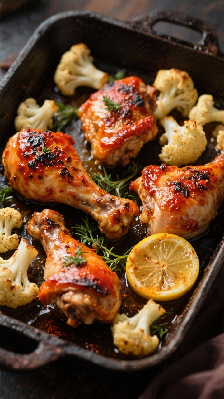 Rustic roasting pan shot of harissa-roasted chicken thighs with lemon herb cauliflower: skin-on thighs lacquered with harissa, honey, olive oil, salt, and pepper, blistered and charred in spots; cauliflower florets roasted alongside with lemon slices, herbs, and olive oil; caramelized edges, vibrant red-orange glaze against pale golden cauliflower; captured overhead with moody, warm light for North African-inspired depth.