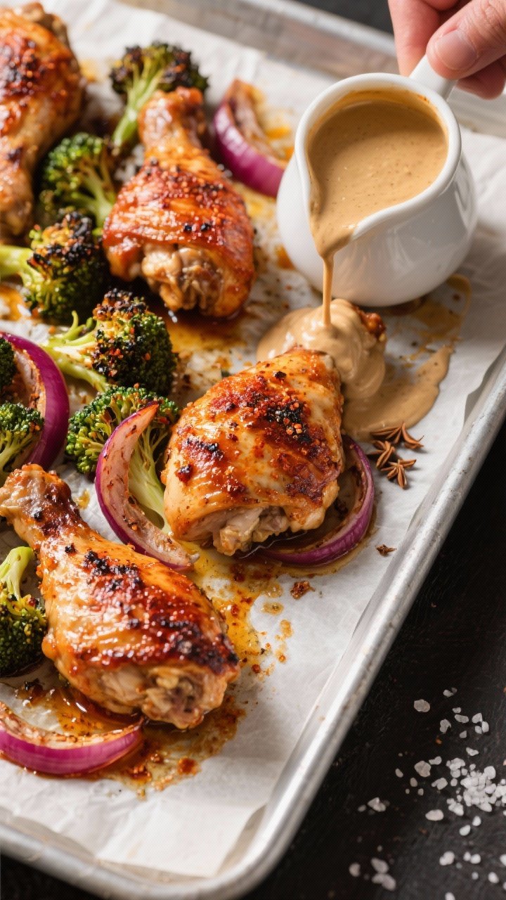 Sheet-pan, 45-degree process shot of harissa-roasted chicken thighs, skin blistered and lacquered with harissa and olive oil, cumin-dusted broccoli florets charred at the tips, red onion slices caramelized; a small pitcher mid-pour of creamy tahini drizzle to finish; coarse salt grains visible; set on parchment-lined tray for a bold, spicy vibe.