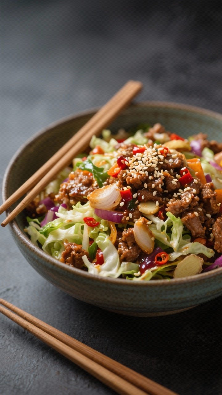 Straight-on bowl of “egg roll in a bowl” with sesame chili crunch: savory ground pork stir-fried with onion, garlic, ginger, and a colorful coleslaw mix; tamari sheen and chili crisp drizzled on top; toasted sesame seeds sprinkled; served in a deep ceramic bowl with chopsticks resting; moody backdrop, sharp focus on glossy strands of cabbage.
