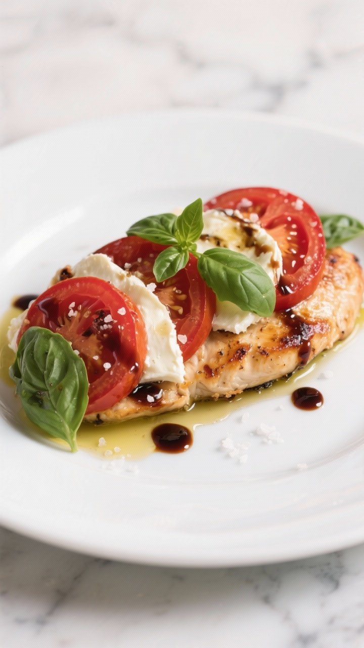 Straight-on plated baked Caprese chicken breasts: juicy chicken topped with melted fresh mozzarella and thick tomato slices, drizzled with a glossy balsamic reduction, scattered fresh basil leaves, a light olive oil finish, salt flakes visible; served on a white plate against a simple marble backdrop, emphasizing the red-green-white color contrast.