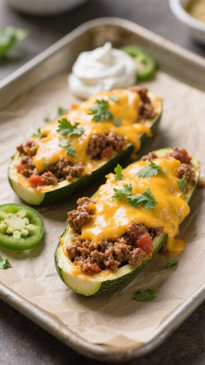 Straight-on shot of cheesy taco-stuffed zucchini boats: halved zucchini filled with taco-seasoned ground beef and salsa, blanketed with melted Mexican blend cheese, bubbly and browned; topped with chopped cilantro, with sour cream dollops and sliced jalapeños on the side; set on a parchment-lined sheet pan, inviting family-style vibe.