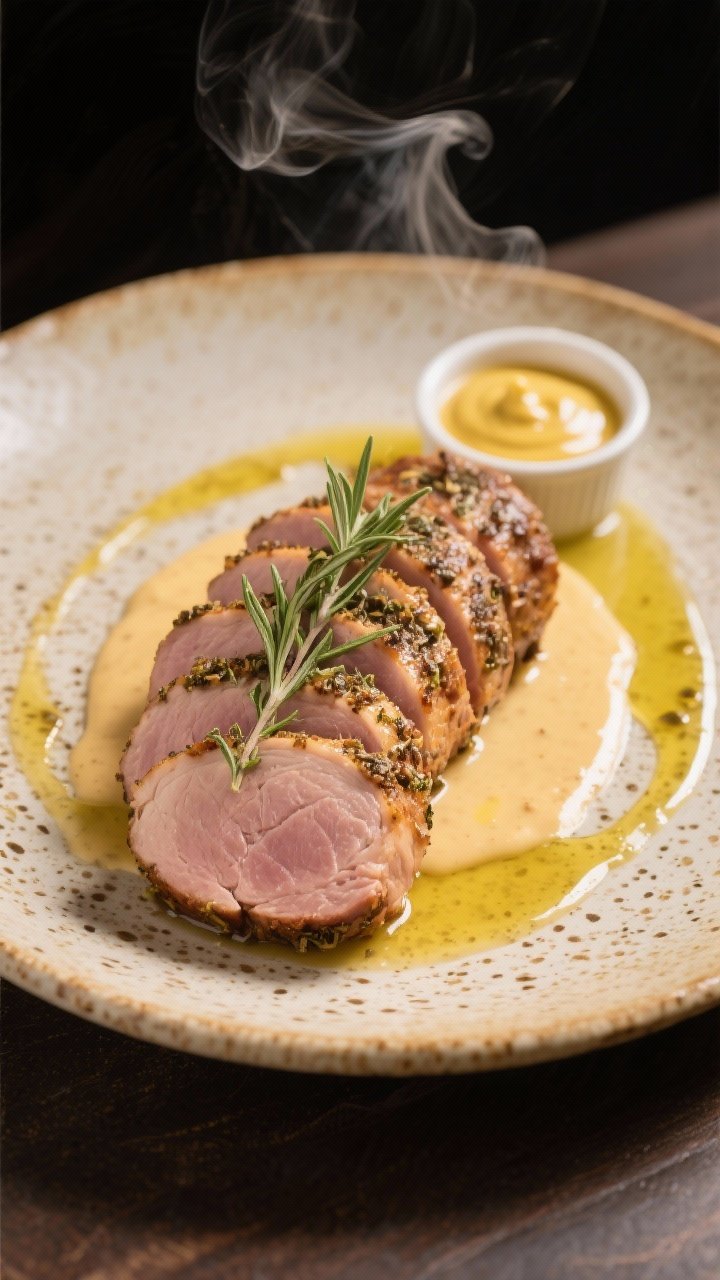 Straight-on shot of herbed pork tenderloin, sliced into medallions with a browned herb crust (thyme/herbes de Provence), fanned over a drizzle of creamy mustard pan sauce; steam hinting from a warm plate; chicken broth reduction gloss visible; olive oil shine on edges; plated on speckled stoneware with a small ramekin of extra mustard sauce.