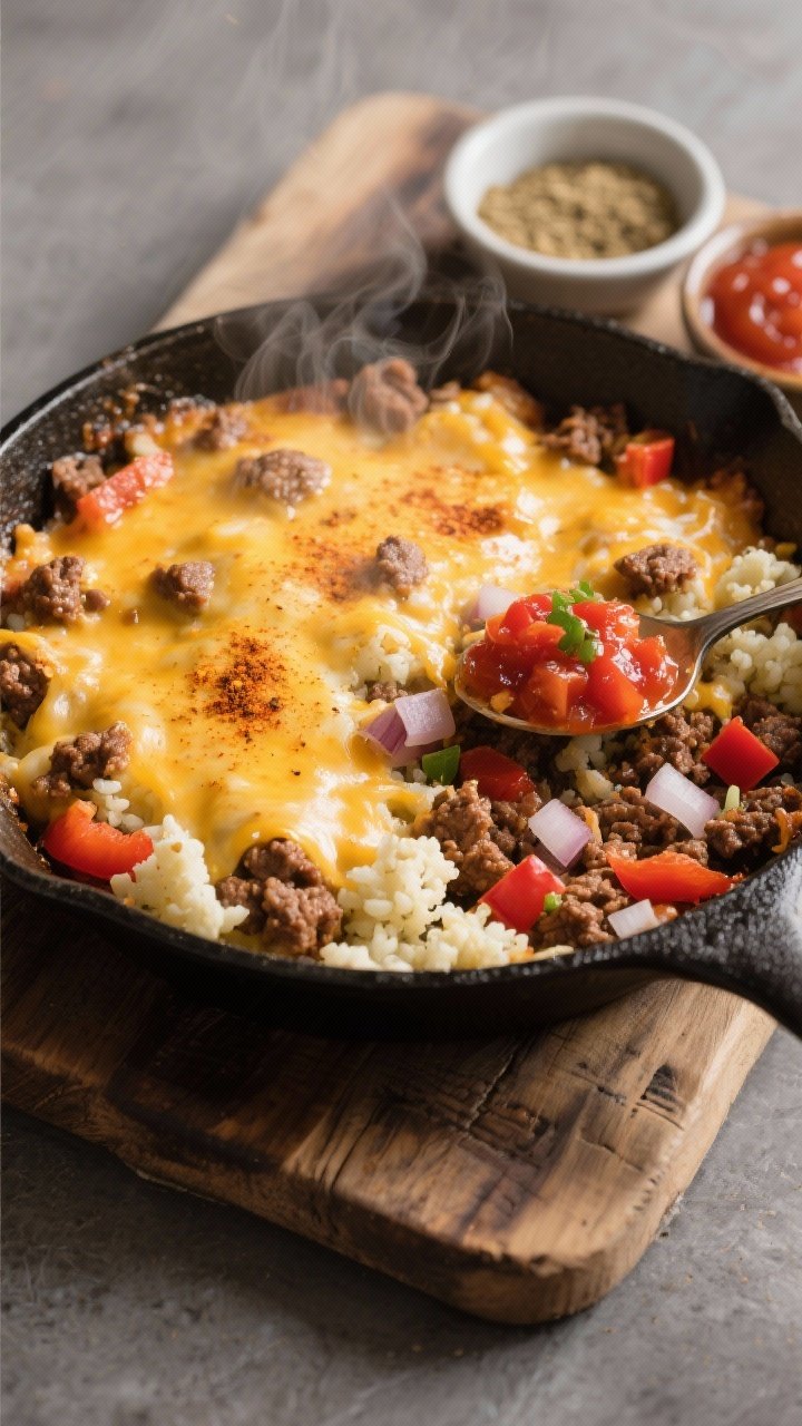 Straight-on skillet scene of a cheesy taco casserole: browned ground beef with diced onion and red bell pepper folded into cauliflower rice, seasoned with low-sugar taco seasoning; bubbling cheese melt with a spoonful of no-added-sugar salsa streaked through, steam rising; cast-iron skillet on a rustic wooden board, small bowls of extra seasoning and salsa at the side.